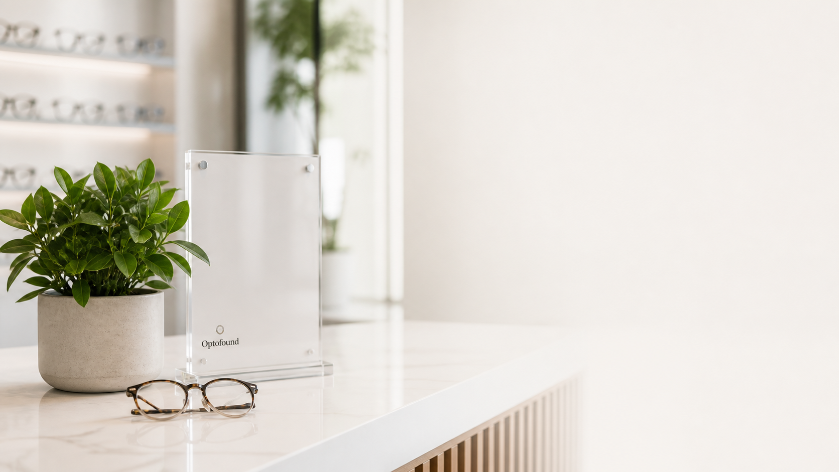 Optofound clinic desk sign with plant and eyeglasses